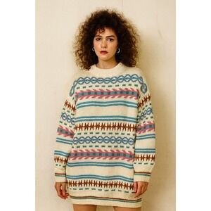 Vintage 80s Sweater 'Sweater Dress' Pullover Mock Neck Oversized Southwestern